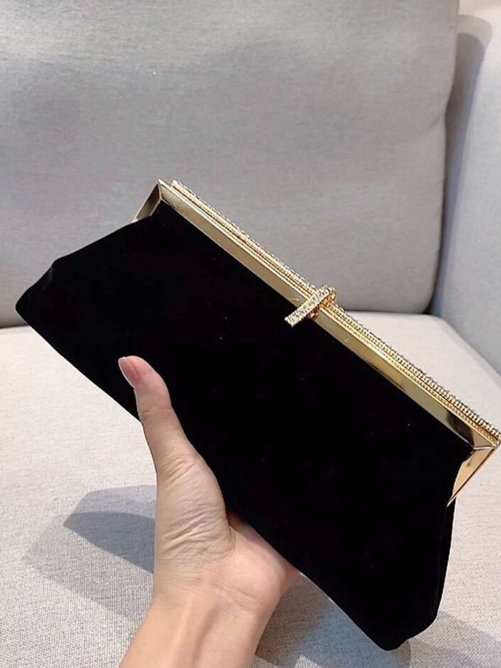 Elegant Black Velvet Clutch with Rhinestone Gold Trim